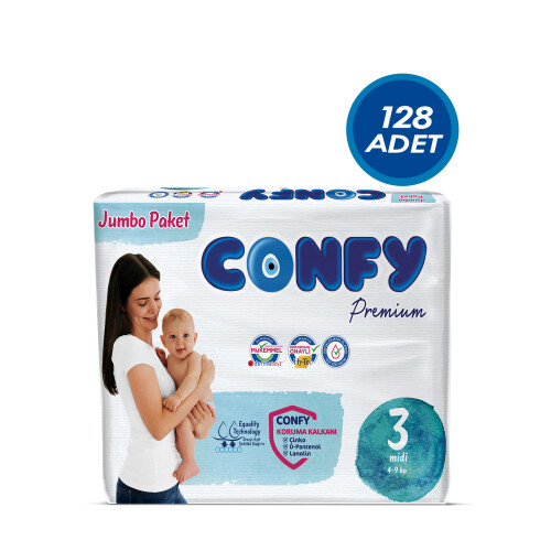 Confy Premium Bebek Bezi 3 Numara Midi 4 - 9 Kg 128 Adet - Confy