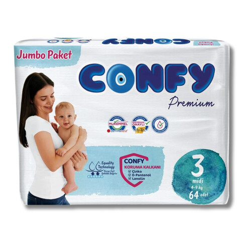 Confy Premium Bebek Bezi 3 Numara Midi 4 - 9 kg 64 Adet - Confy