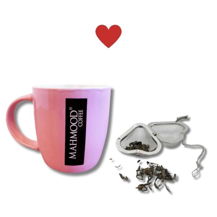 Mahmood Coffee Porselen Pembe Kupa ve Kalp Tasarımlı Silver Çay Süzgeci - 1