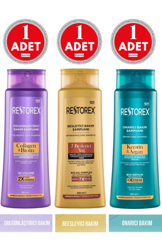 Restorex 3 lü Şampuan Seti : Keratin ve Argan, Collagen ve Biotin, 7 Besleyici Yağ - Restorex