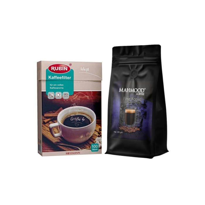 Mahmood Coffee Filtre Kahve 250 Gr ve Rubin Büyük Boy Kahve Filtresi Naturel Kağıt 4 Numara 100 adet Set - 2