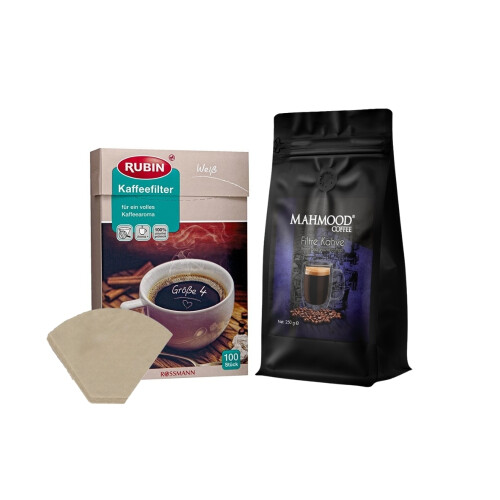 Mahmood Coffee Filtre Kahve 250 Gr ve Rubin Büyük Boy Kahve Filtresi Naturel Kağıt 4 Numara 100 adet Set - Mahmood Coffee