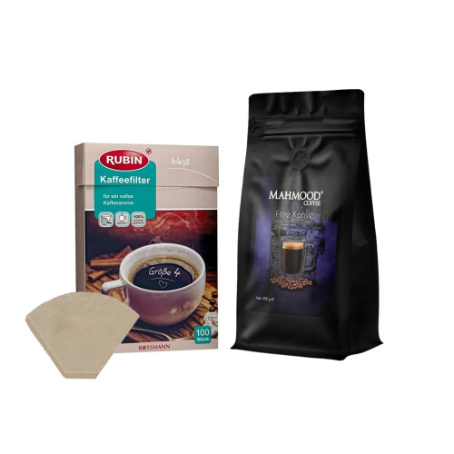 Mahmood Coffee Filtre Kahve 500 Gr ve Rubin Büyük Boy Kahve Filtresi Naturel Kağıt 4 Numara 100 adet Set - Mahmood Coffee