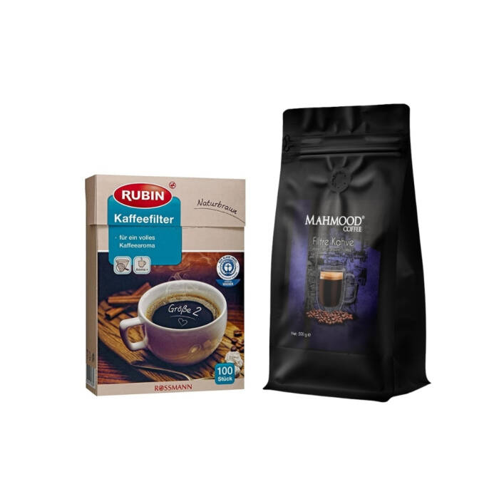 Mahmood Coffee Filtre Kahve 500 Gr ve Rubin Küçük Boy Kahve Filtresi Naturel Kağıt 2 Numara 100 adet Set - 1