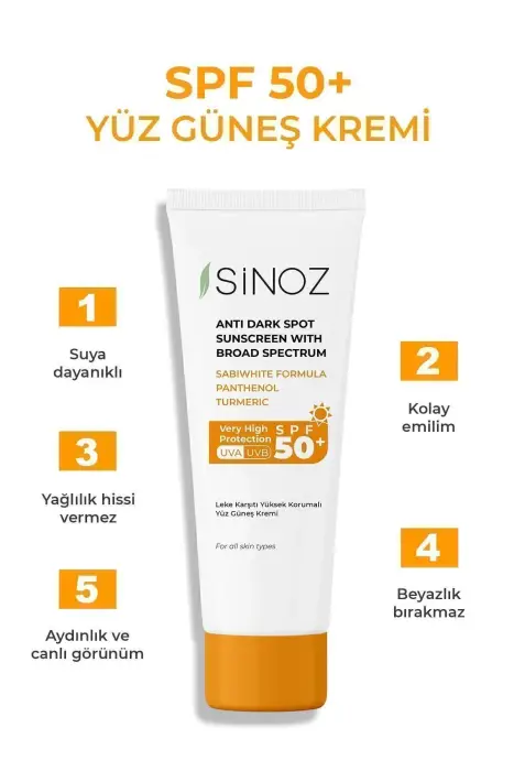 Sinoz Spf 50 Leke Karşıtı Yüksek Koruyucu Yüz Güneş Kremi 50 ml Normal Ve Kuru Ciltler Için - 3